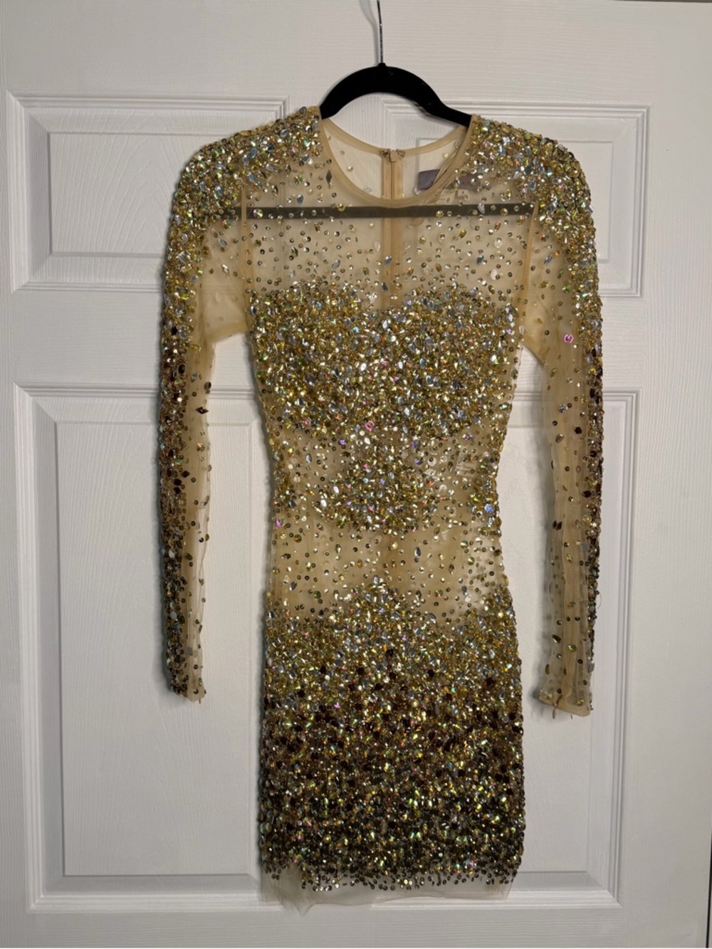 Jovani Nude Sheer Gold Crystal-Embellished Long-Sleeve Mini Dress